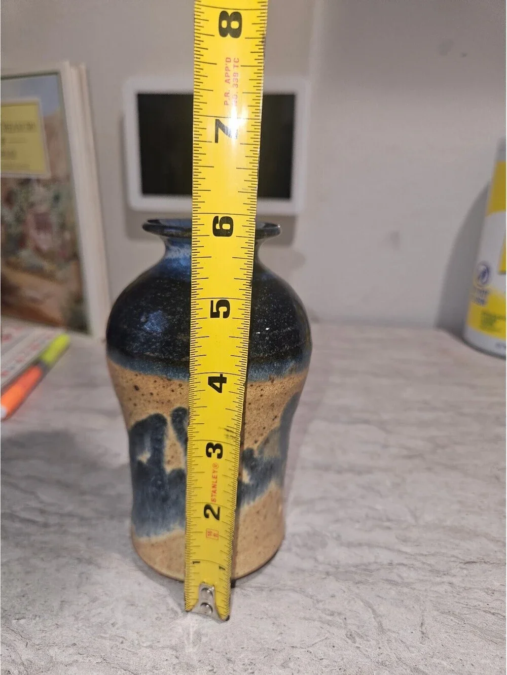 Handmade Ceramic Table Vase with Blue and Beige Glaze